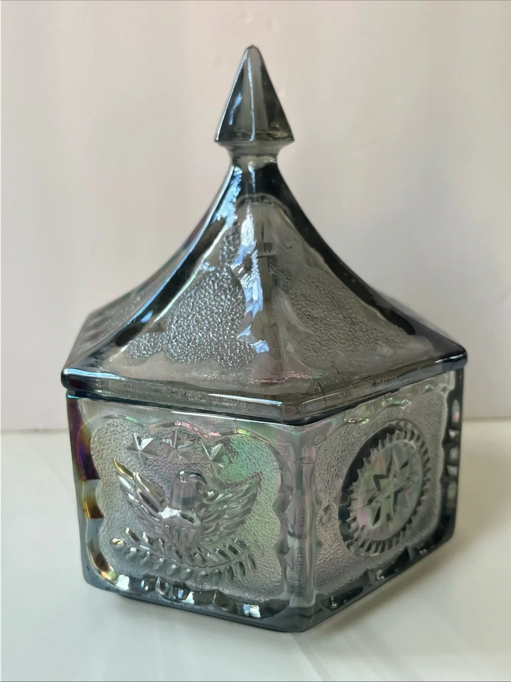 Indiana Glass Iridescent Carnival Glass Lidded Trinket Box